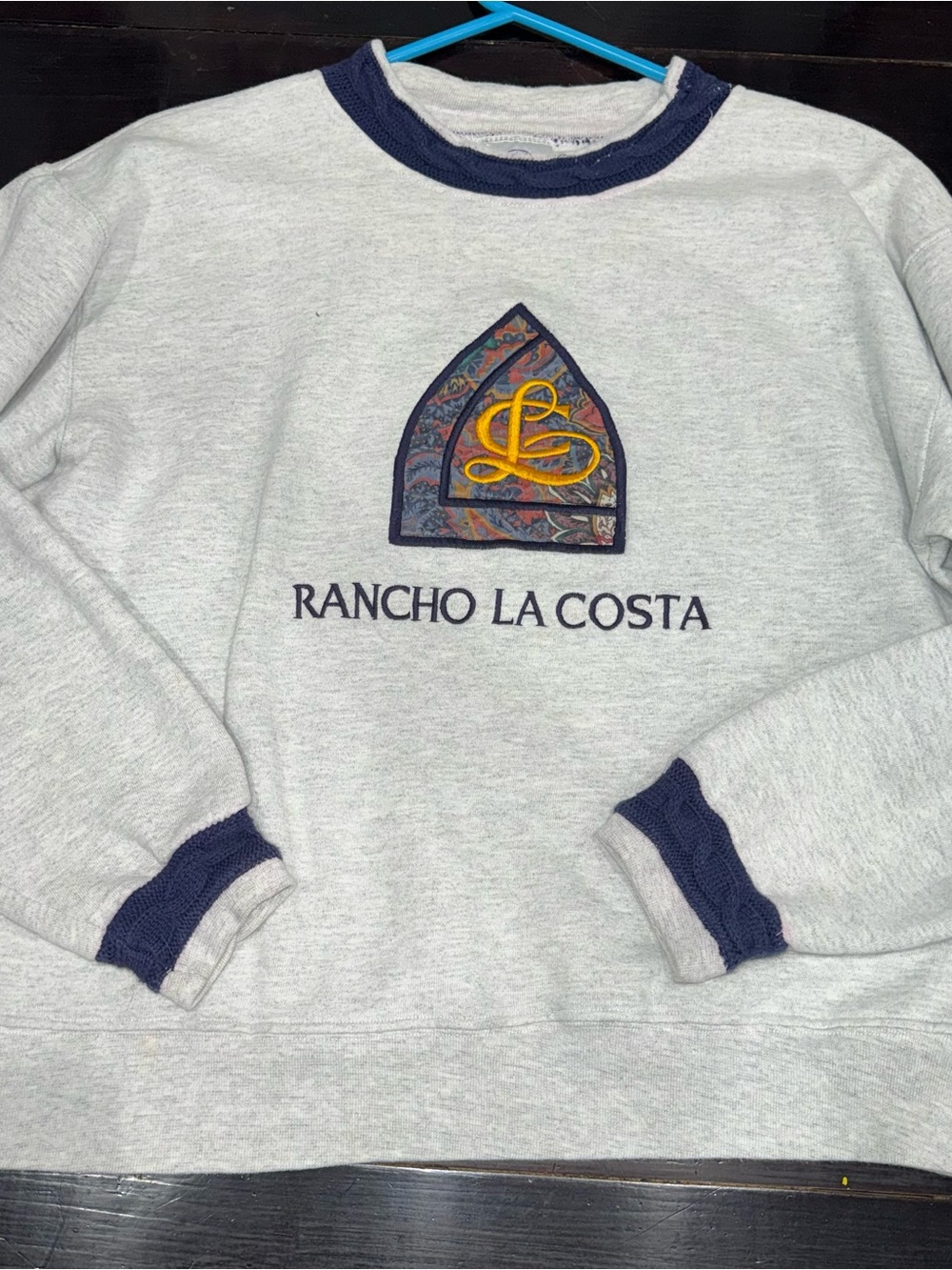 Unisex Vintage embroidered Light Gray Crewneck Sweatshirt with Navy Trim